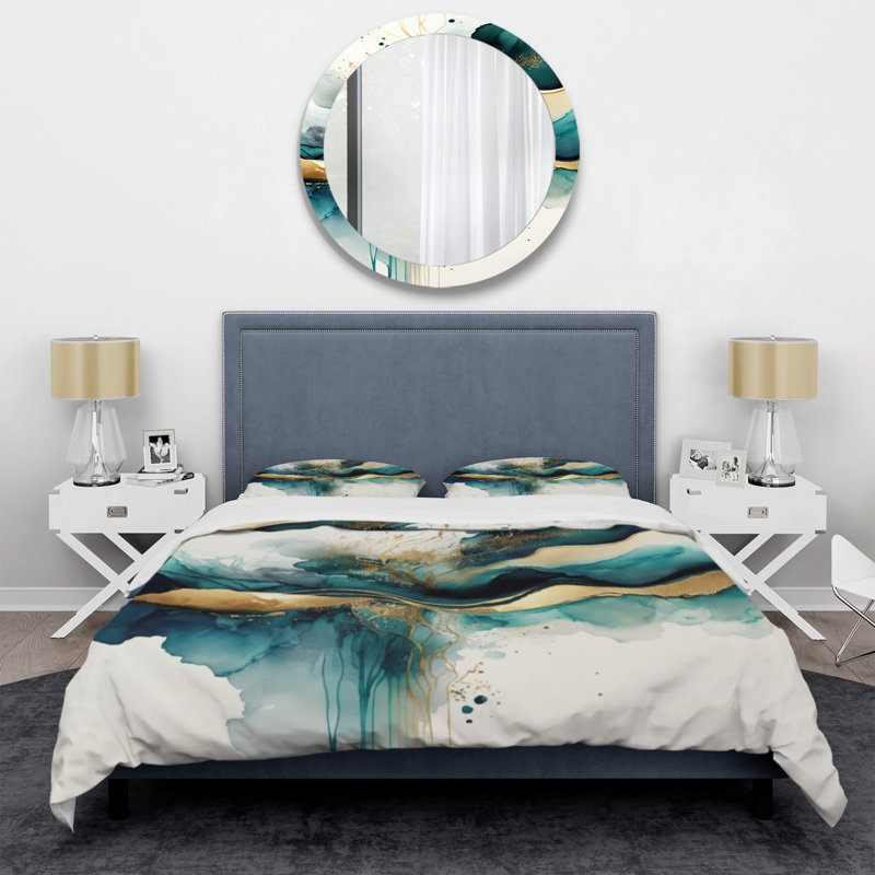 Teal and Gold Abstract Expression III - Ensemble de housse de couette à encre liquide abstraite - Polyester microfibre
