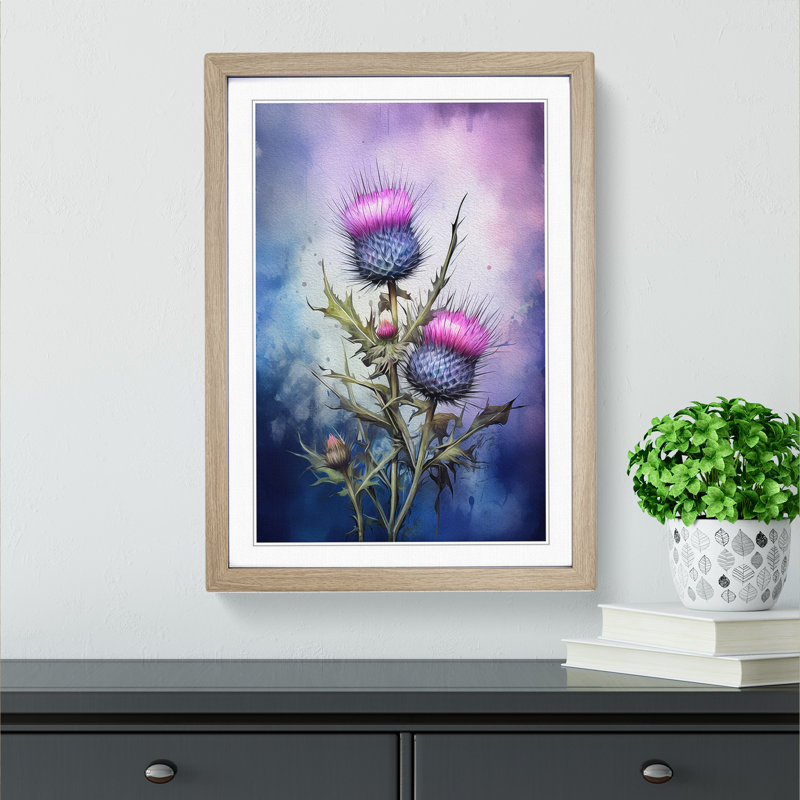 Thistle Informel - Single Picture Frame Print on Wood, Oak Framed, 34cm H x 25cm W