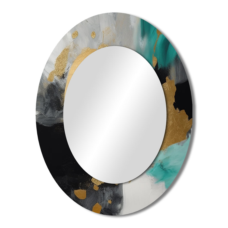 Pleine lune bonheur doré et turquoise abstrait V - miroir décoratif ovale abstrait sur métal, 43 po x 33 po
