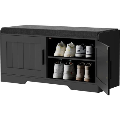 2 Door Shoe Storage Bench with Padded Cushion, 2 Tier Entryway Shoe Organizer with Adjustable Shelf, Farmhouse Storage Bench for Living Room and Bedroom, Black
