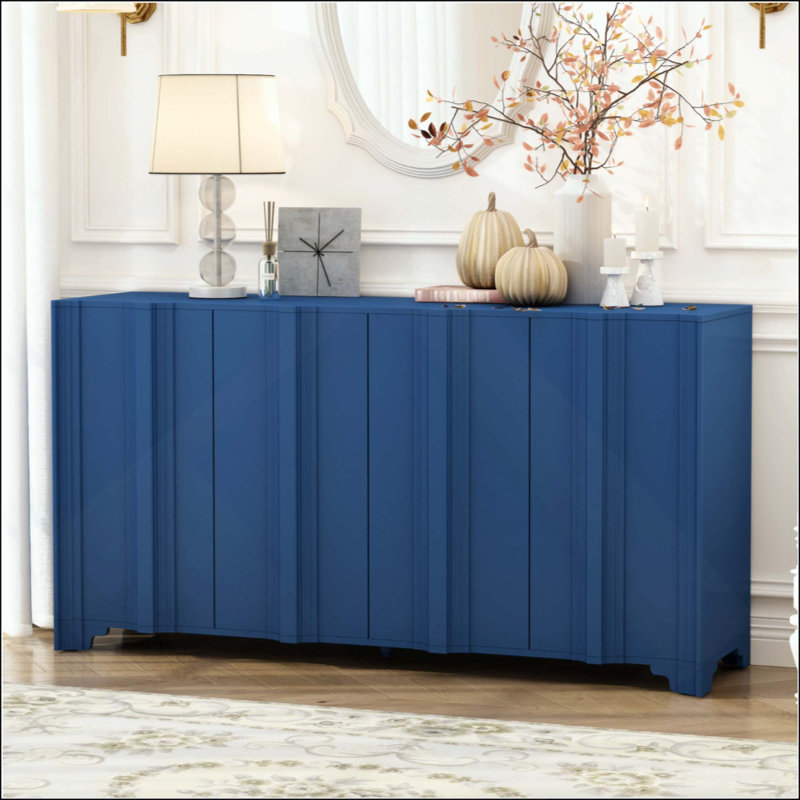 Sophisticated 4-Door Sideboard Adorned With Intricate Linear Accents And Luxurious Multi-Layered Pine Veneer Design Elements,Suitable For Living Rooms, Entrance And Study Rooms