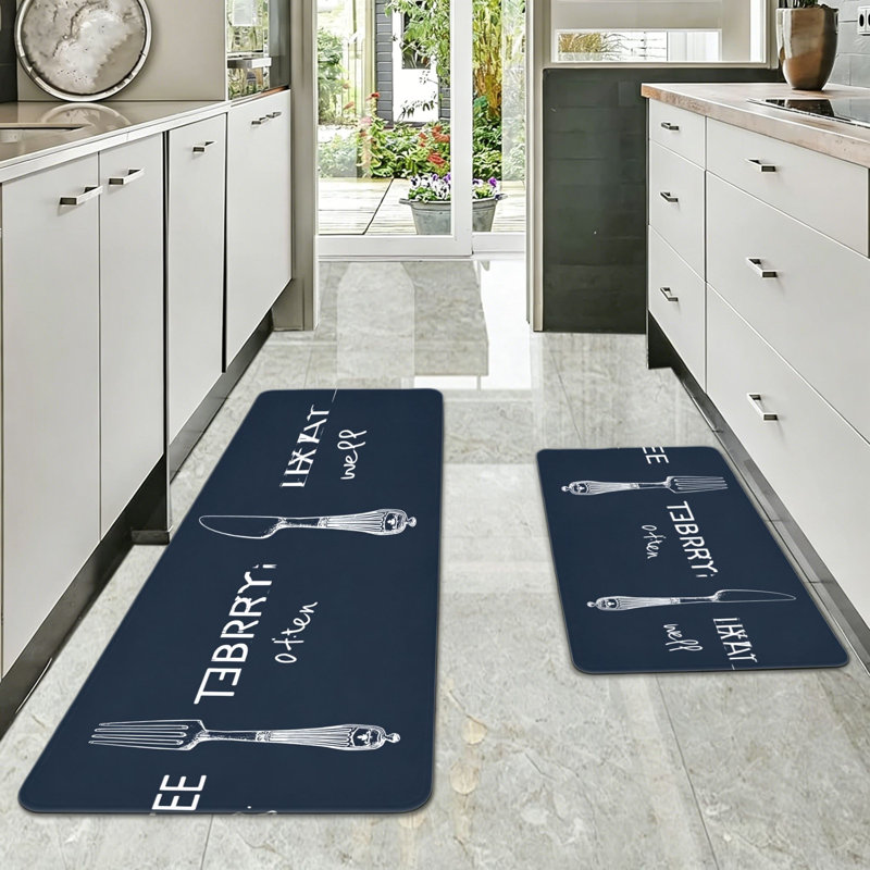 Vintage Fork Knife Eat Laugh Live Abstract Kitchen Rugs Set of 2 Dark Navy, Kitchen, Sunroom