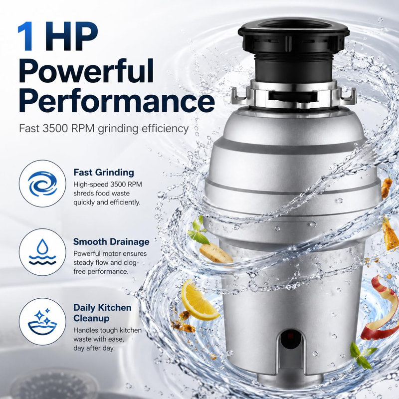 1HP Sliver Garbage Disposal, Ultra-Quiet 4-Stage Stainless Steel Grinder, Continuous Feed Food Waste Disposer