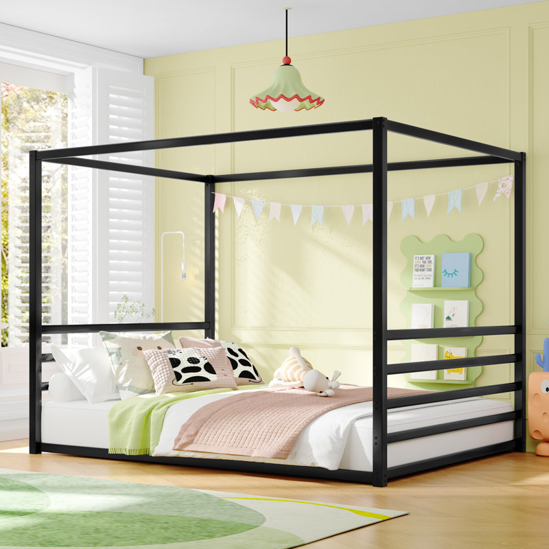Queen Size Black Metal Floor Bed Frame with Fence Guardrails, Low Platform Modern Bed with Canopy Frame