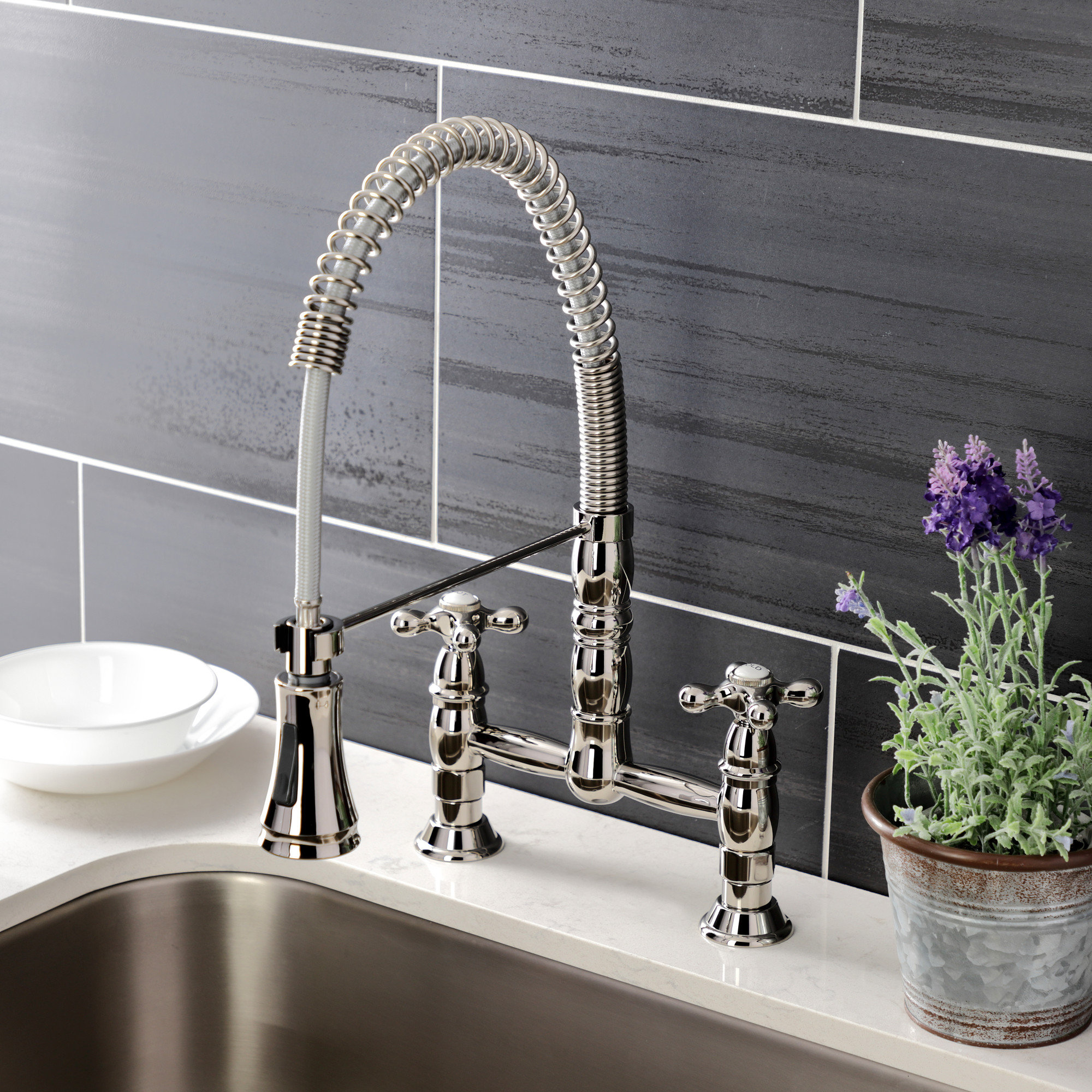 Kingston Brass Heritage Double-Handle 2-Hole Deck-Mount Pre-Rinse Bridge Kitchen Faucet, Polished Nickel