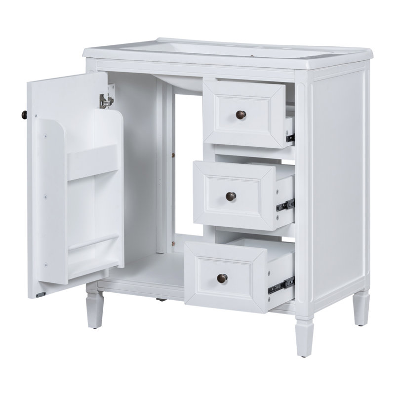 Meuble-lavabo de 30 pouces avec lavabo en céramique, trois tiroirs et deux tablettes de porte, Blanc