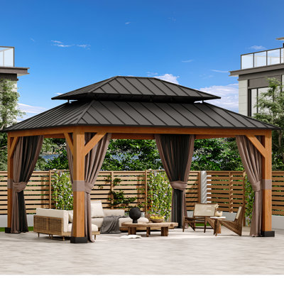 15 Ft. W x 13 Ft Aluminum Hardtop Patio Gazebo with Mosquito Netting & Privacy Curtains – Weather-Resistant Outdoor Canopy for Backyard, Deck & Garden