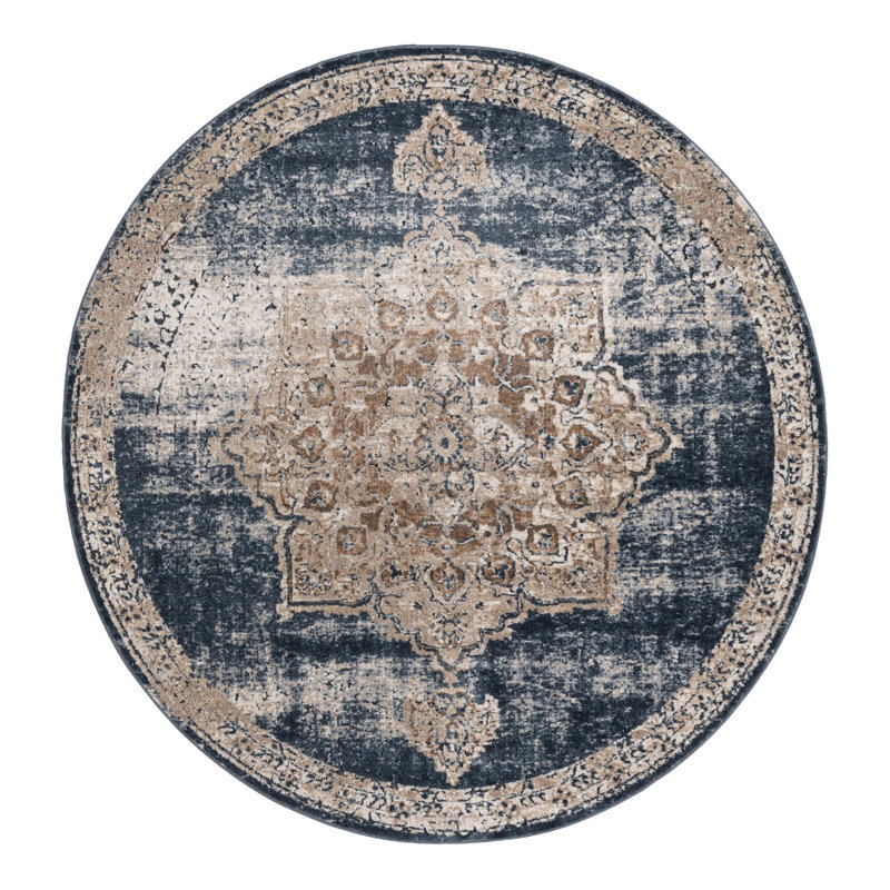 Tapis oriental beige / bleu marine Arloa, Rond 5 pi 3 po
