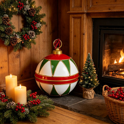 16 Inch Large Vintage Christmas Ball Ornament, Metal Christmas Bauble Decor, Festive Hanging Christmas Bell Decor for Front Porch, Gate, Indoor Fireplace, Holiday Home Party Decor