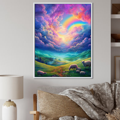 Impression sur toile Magical Rainbow Over Countryside With Sheep - Formes abstraites