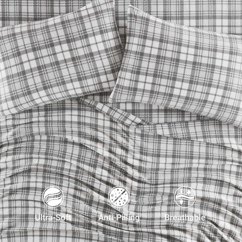 Micro Fleece Sheet Set, Queen Sheet Set with 2 Pillowcases, Gray Plaid