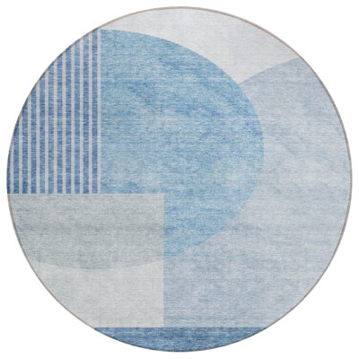 HomeRoots 8' Navy Blue And Sky Blue Round Geometric Washable Indoor Outdoor Area Rug