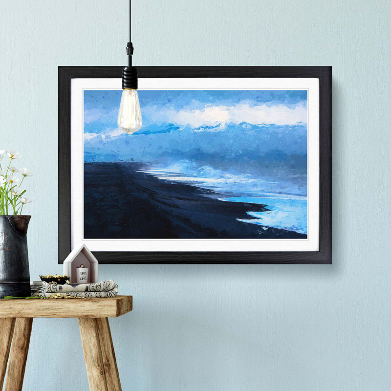 Mountain Beach in Abstract - Picture Frame Painting Print, 27cm H x 36cm W x 2cm D, Black Framed