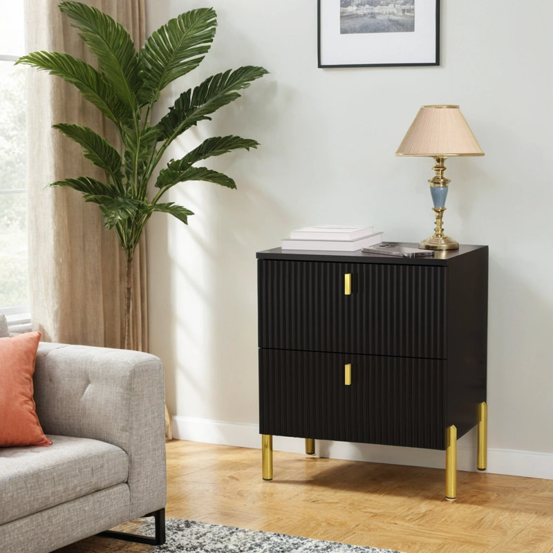 Luxury Fluted Night Stand, Nightstand With 2 Drawers, Modern Bedside Table With Golden Legs And Handles, End Tables For Living Room Bedroom