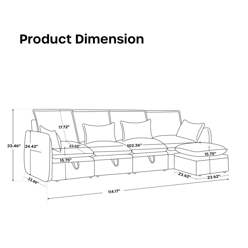 114" 5-Piece Sectional Sofa With Ottoman, Gray Linen