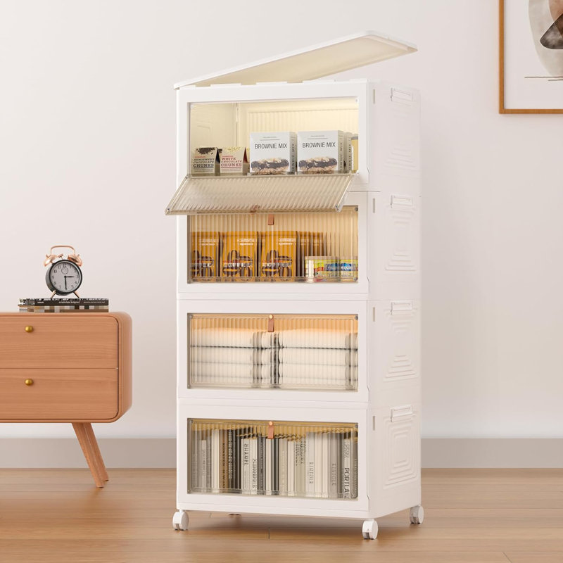Plastic Storage Bins 4 Tier, Stackable Storage Bins with Lids and Wheels,Folding Storage Containers