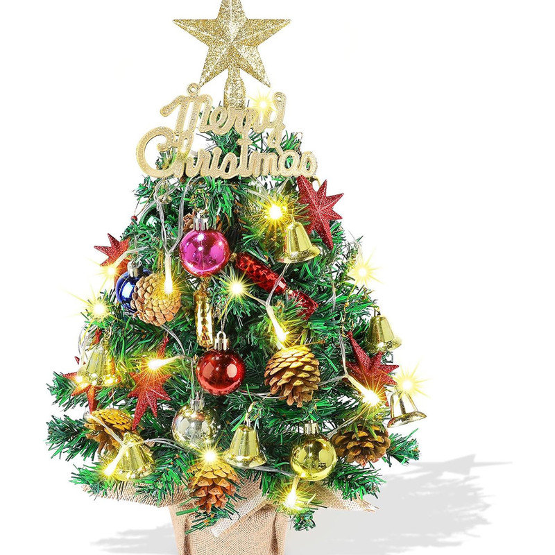 22-Inch Green Plastic Tabletop Christmas Tree with LED Lights and Ornaments