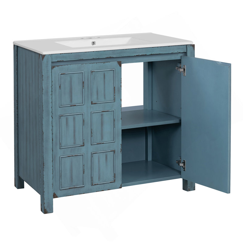 Organisateur de meuble-lavabo 36 po avec lavabo en céramique, ensemble d'armoire de rangement, bleu rétro, Bleu rétro