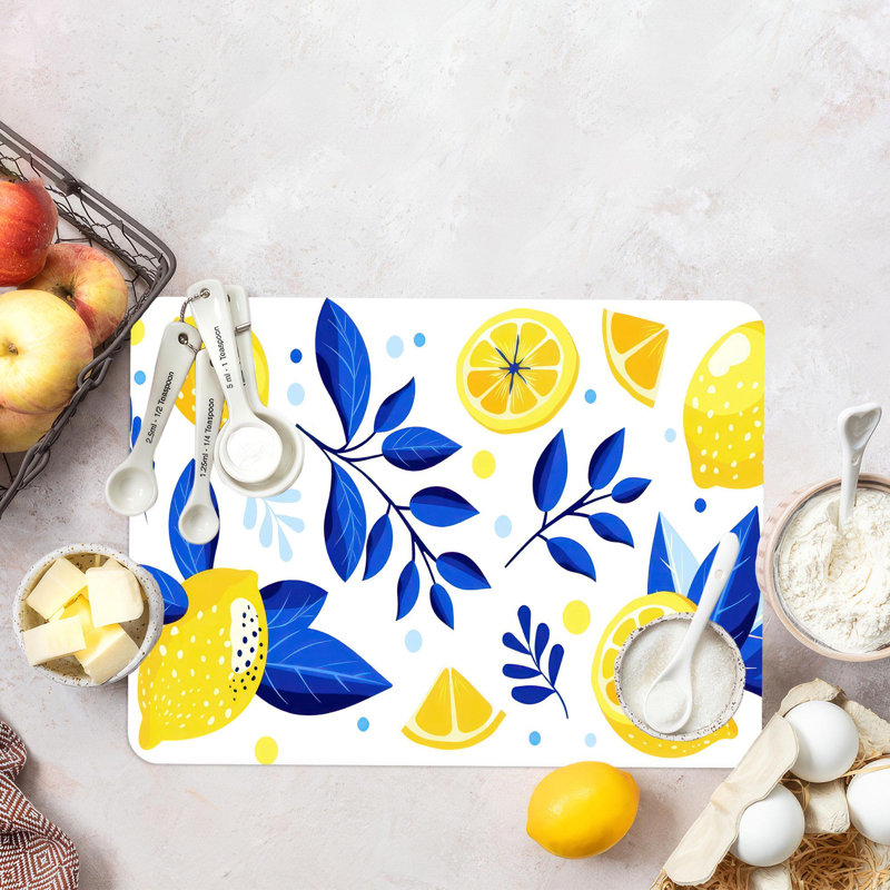 Planche à découper moderne moderne en verre bleu à motif citron, idéale pour le transport et la personnalisation