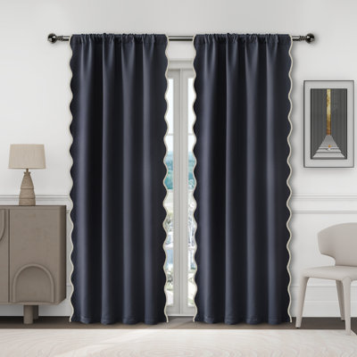  Ari Scallop Edge Window Curtains 52"W X 84"L X 2 Panel Set,Scallop Trim Drape Panel, Room Darkening Thermal Insulated, Decorative Drapes For Living Room, Bedroom