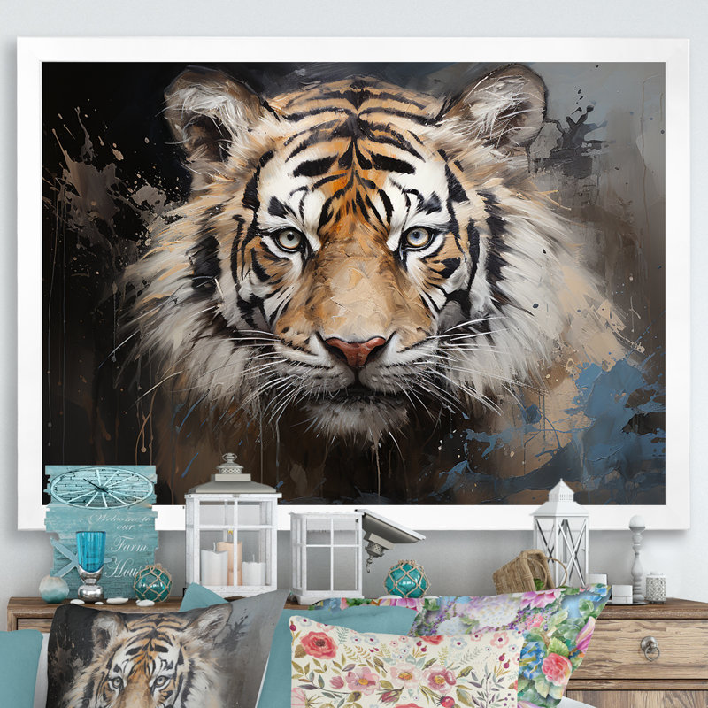 Minimalisme tigre foncé I sur toile, Cadre photo blanc, H 16 po x l 32 po x P 1 po