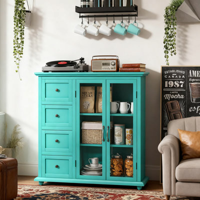 Sideboard Buffet Cabinet With 4 Drawers And 2 Tempered Glass Doors, Kitchen Storage Cabinet For Dining Room, Entryway, And Living Room
