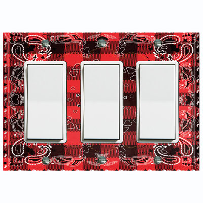 Metal Light Switch Plate Outlet Cover (Red Check Paisley Hearts Tile   - Single Toggle)