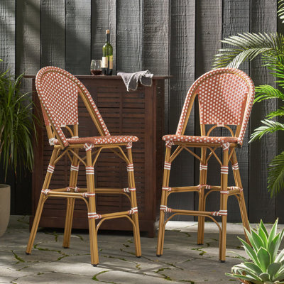 Tabouret de bar d'extérieur français en rotin de 29,5 po avec structure en aluminium et finition bambou (ensemble de 2)