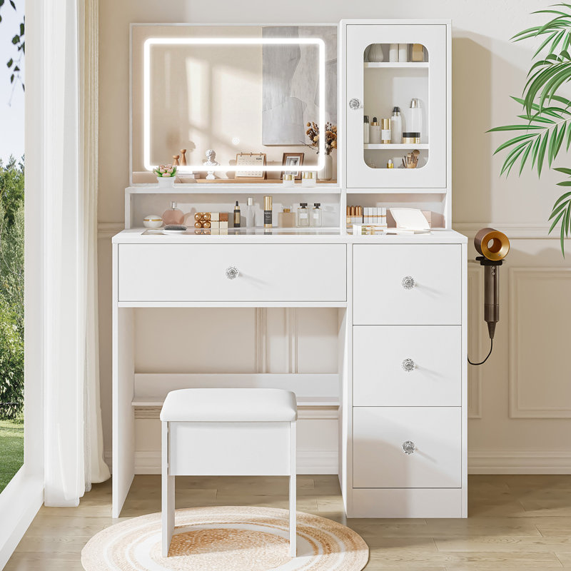 Coiffeuse de 90 cm de large, avec dessus en verre et armoire en acrylique, table de maquillage blanche pour chambre à coucher