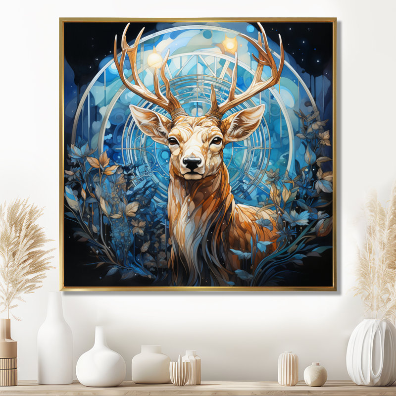 Cerf magique avec des bois dans une forêt enchantée, H 30 po x l 30 po x P 1 po, Toile avec cadre doré