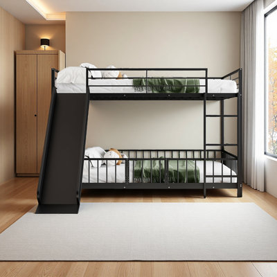 Metal Bunk Bed With Slide And Guardrails
