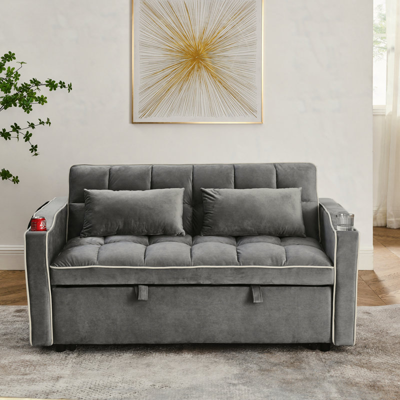 55.51 inch versatile foldable sofa bed in 3 lengths, modern sofa sofa sofa velvet pull-out bed, adjustable back and with USB port and ashtray and swivel phone stand