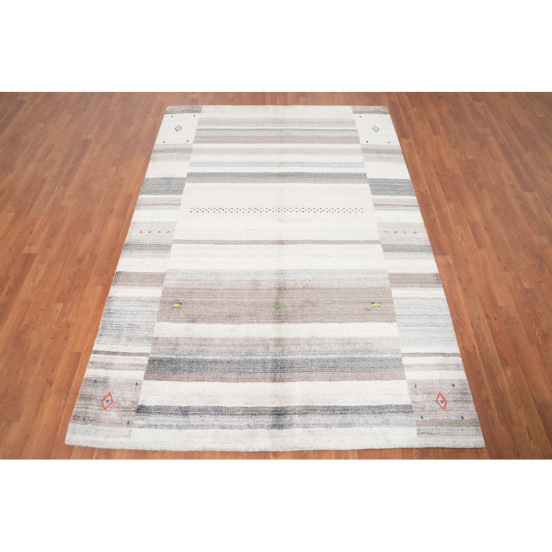 Élégant tapis rayé neutre de style Gabbeh 5 x 8 avec des accents subtils