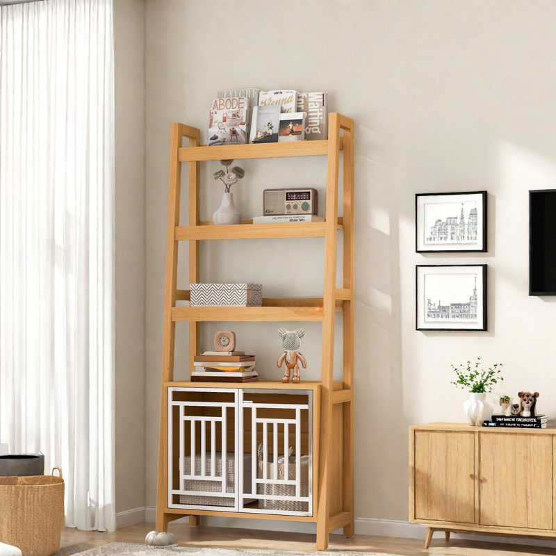 Bibliothèque de style échelle avec 3 tablettes ouvertes et portes en métal à motif géométrique