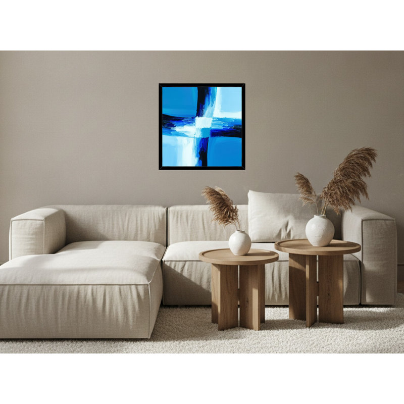 "Abstract Blue Cross" - Art mural encadré sur toile, 36" H x 36" W, Black