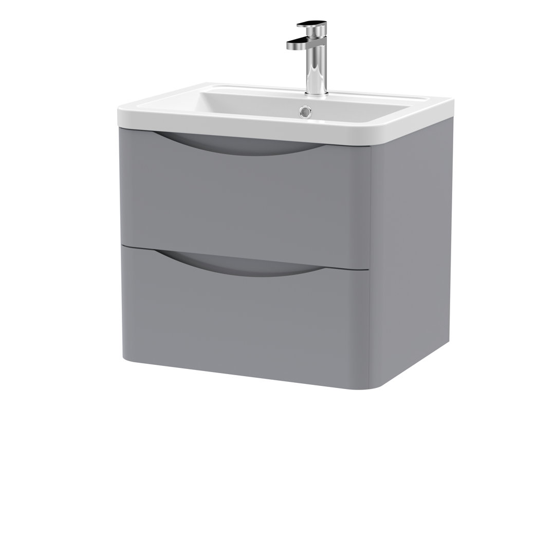Nuie 600mm Wall Hung Vanity Unit & Ceramic Basin - Satin Grey - 2 Drawer - Contemporary Design - Soft Close - Image 2