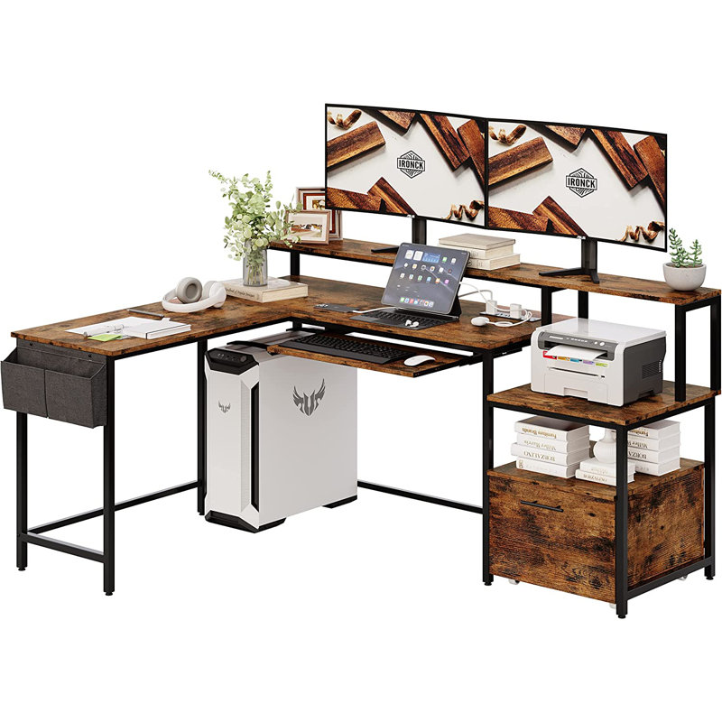 Bilodeau 66.1'' W L-Shape Computer Desk, Corner Home Office Table with Drawer File Cabinet, Brown