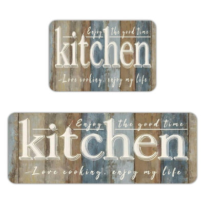 Rustic Kitchen Quote Floor Mats, 2-Piece Anti-Slip Flannel Rugs for Kitchen & Dining