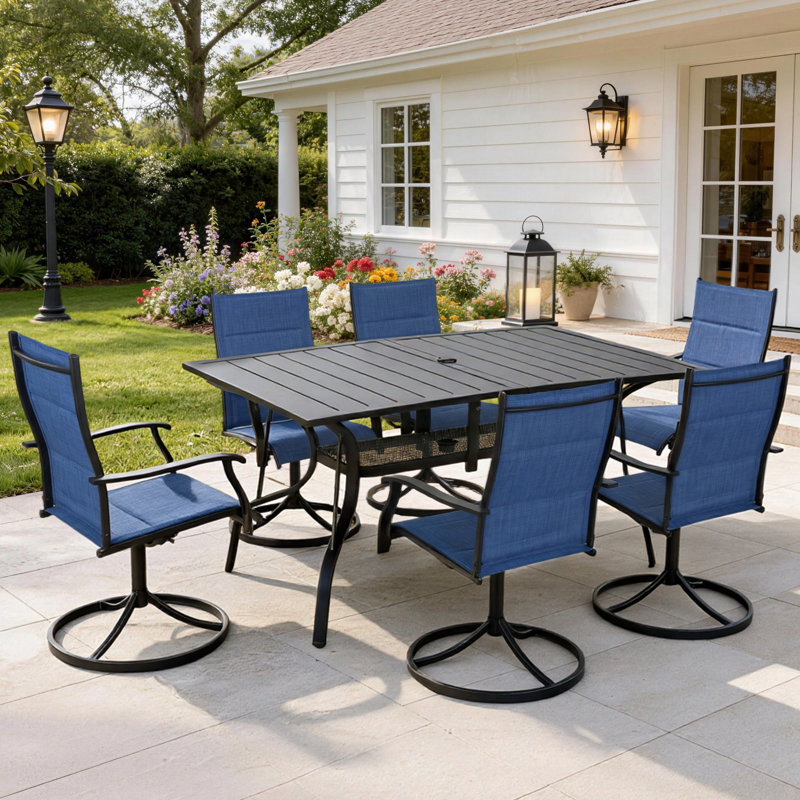 7-Piece Outdoor Patio Dining Set with Swivel Chairs & Metal Table, All-Weather Furniture for Deck, Lawn, Garden - Blue, Blue