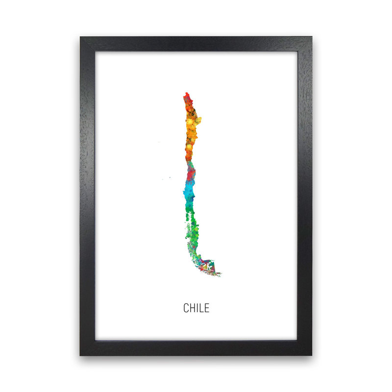 Chile Watercolour Map by Michael Tompsett - Print, Black Framed, 34cm H x 25cm W x 3cm D