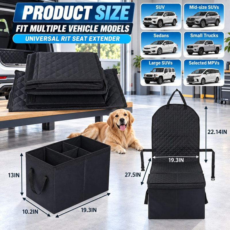 A Small front-or-back dog seat extender with storage organizer, measuring 27.5"x19"x22" and providing waterproof, scratch-proof coverage for cars, trucks, and SUVs.