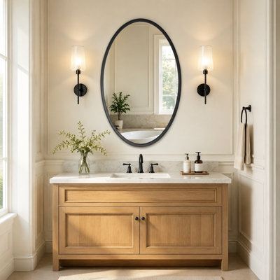 20x28 Inch Metal Framed Oval Wall Mirror, Black Bathroom Vanity Mirror, Hd Tempered Glass