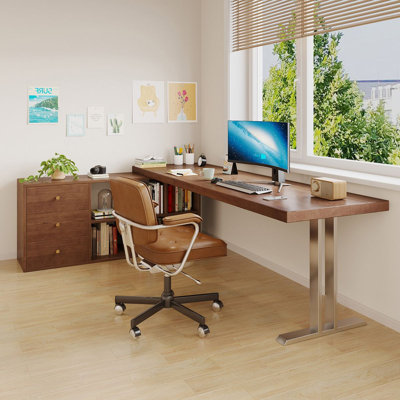 Walnut L-Shaped Solid Wood with 3 drawers desk