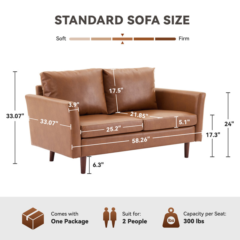 58.2''W  Faux Leather Living Room Loveseat, Chestnut