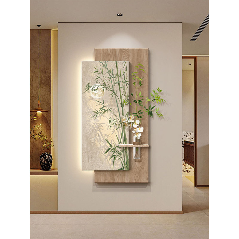 Peinture de style médiéval en bambou et plantes vertes sur une murale, H 47,24 po x l 23,62 po x P 1,18 po