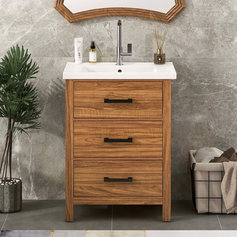 Meuble-lavabo autoportant 24 po avec lavabo en céramique 24 po, meuble-lavabo moderne avec 3 tiroirs