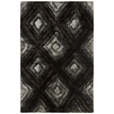 Helene Authentic Hand-Woven Handmade Black, Gray & Silver Modern Geometric Shag Polyester Area Rug