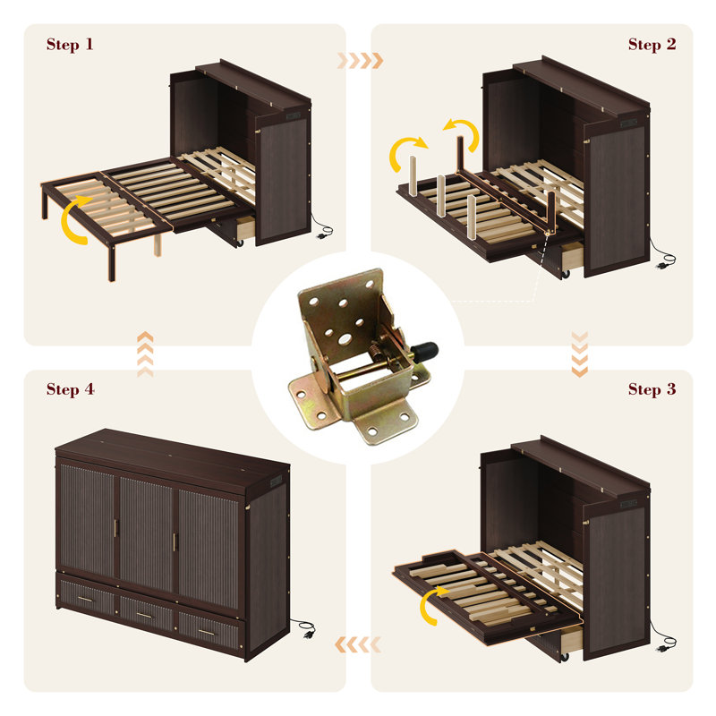 Armoire murale multifonctionnelle avec station de charge USB, lit escamotable vertical avec tiroirs, lit escamotable mural peu encombrant avec verrou de sécurité et dispositif anti-basculement, café.
