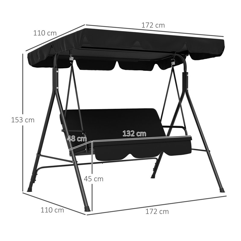 Burgel Porch Swing with Canopy, Black, Black, 153cm H x 172cm W x 110cm D