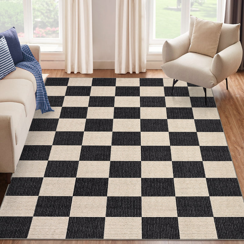 Modern Checkerboard Machine Washable Rug Non Slip, Soft Non Shedding Carpet, Foldable Low Pile Floor Covering, Indoor Printed Accent Mat for Living Room Bedroom